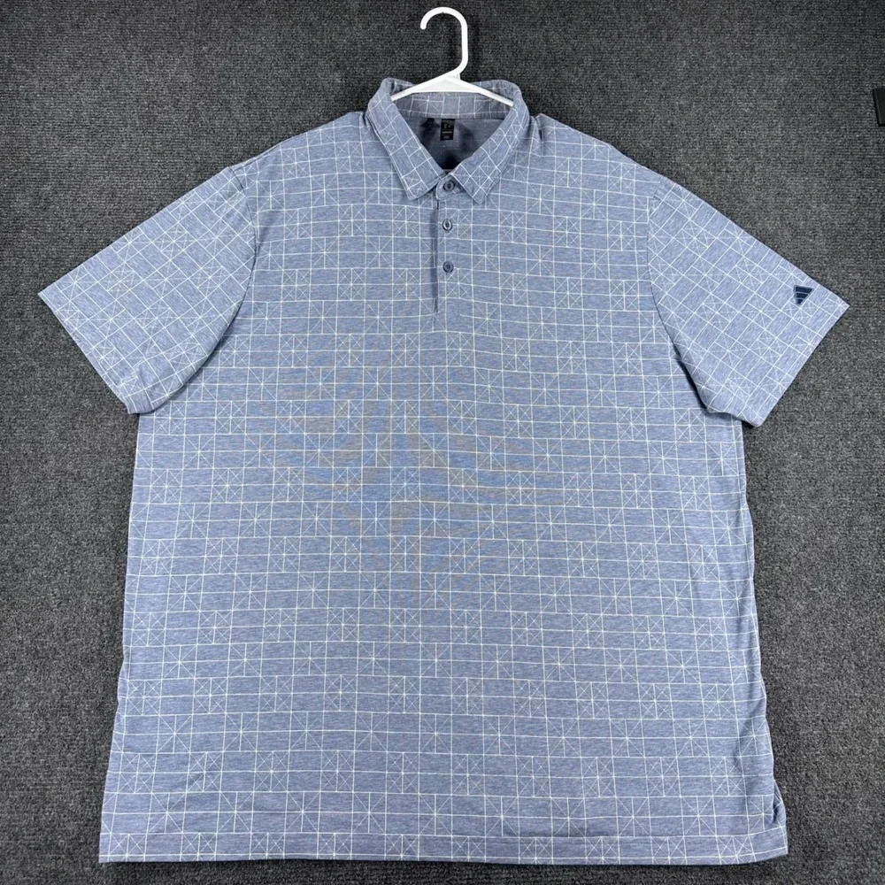 Adidas Polo Shirt Mens 2XL XXL Blue Geometric Grid Golf Performance IU4425
